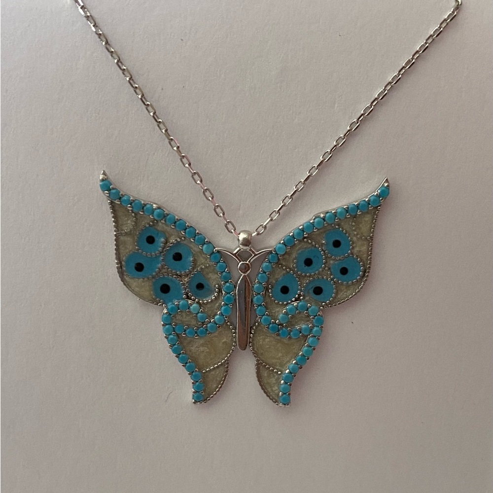 Blue butterfly 925 silver turquoise handmade enamel stunning necklace